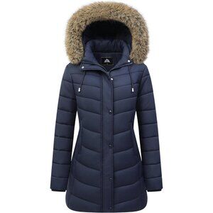 Women's Long Winter Navy Puffer Coat Warm Jacket Waterproof Hooded Parka